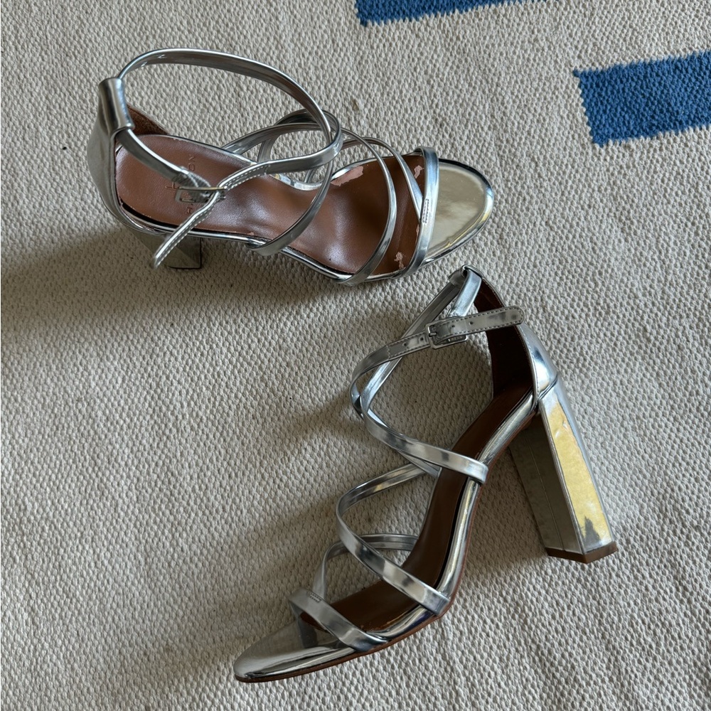 Halston Luna mirrored silver strappy heels